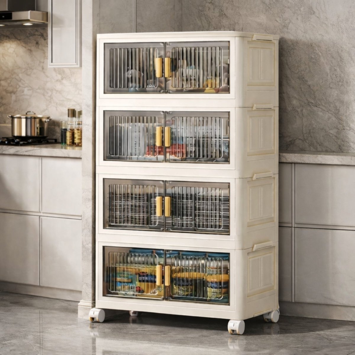 Kouvr 5-tier cream rolling storage cabinet with fluted doors organized with pantry goods in a luxury marble kitchen.