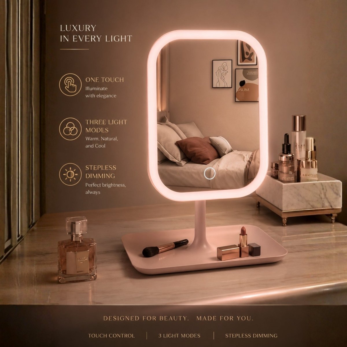 Soft blush pink Kouvr makeup desk mirror with storage base holding a lipstick and makeup brush, highlighting touch control and stepless dimming options.