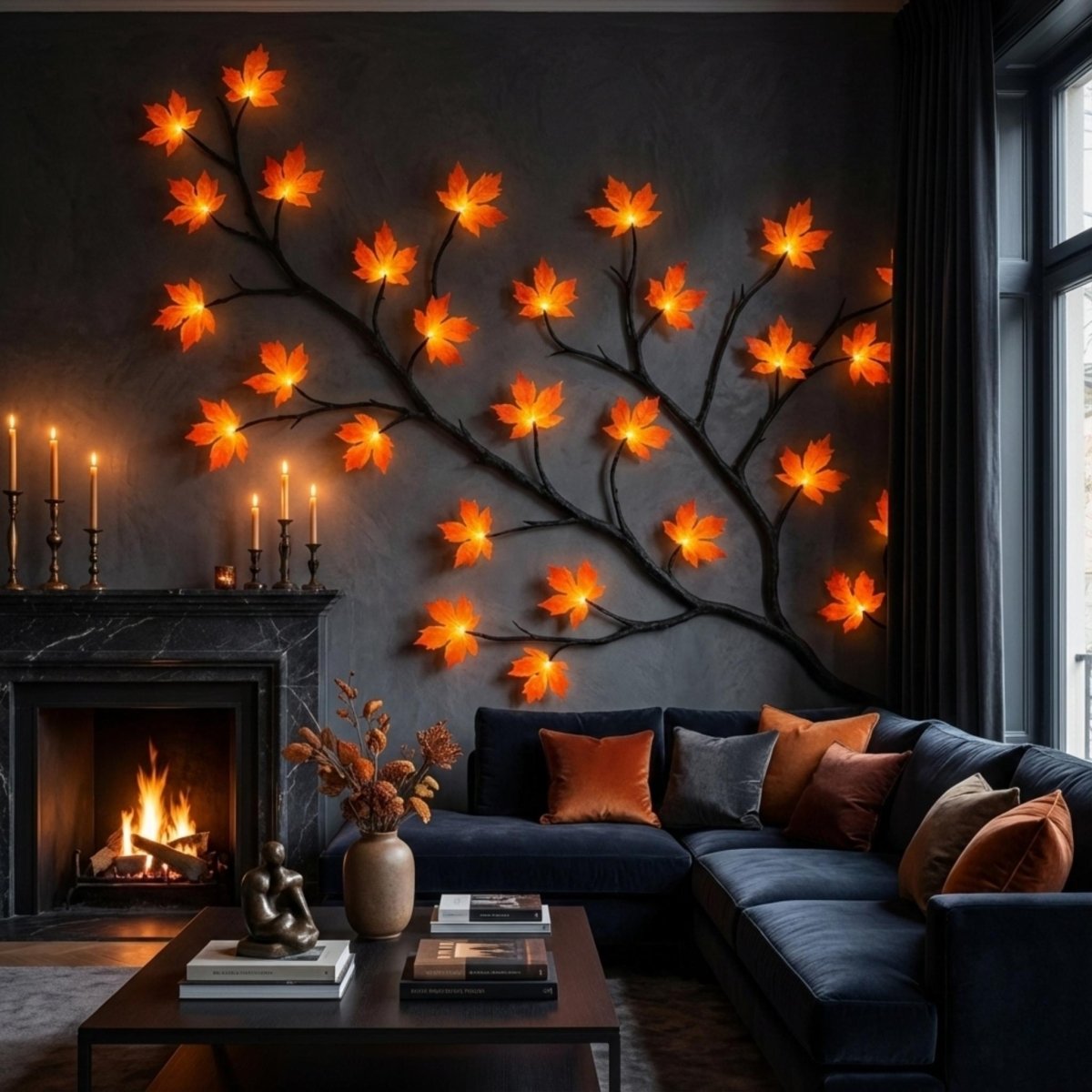 A large, glowing maple branch wall light installed on a dark grey textured wall in a modern luxury living room with a navy blue velvet sofa and a lit fireplace.