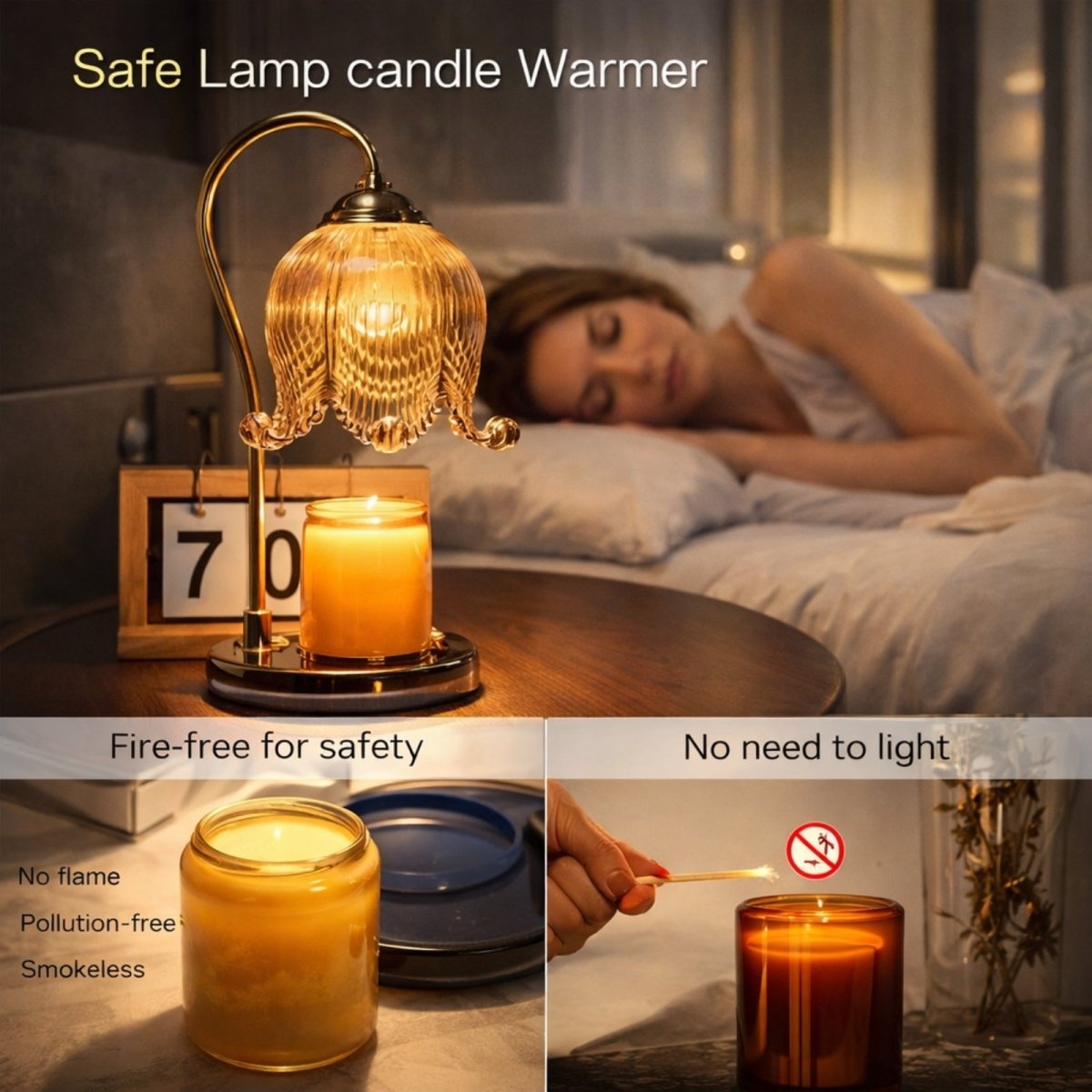Product diagram of the Kouvr candle warmer showing the solid marble base, remote control with dimmer, and GU10 bulb specifications.