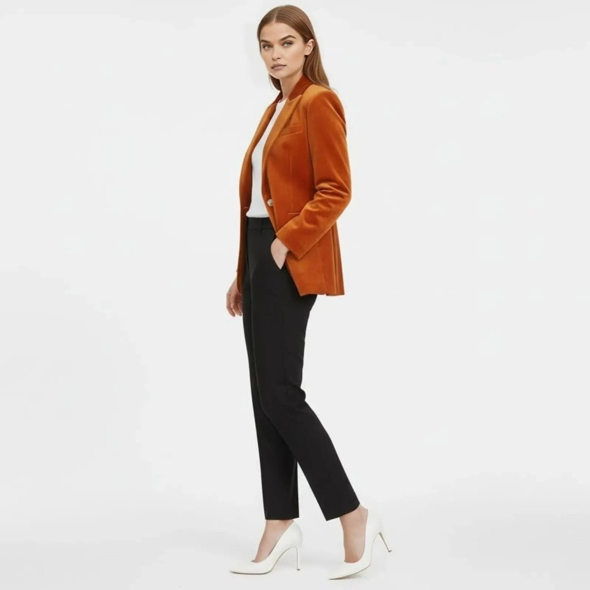 Side profile of a woman in a Kouvr Maribel burnt orange velvet blazer, showing its tailored fit and sleeve button details.