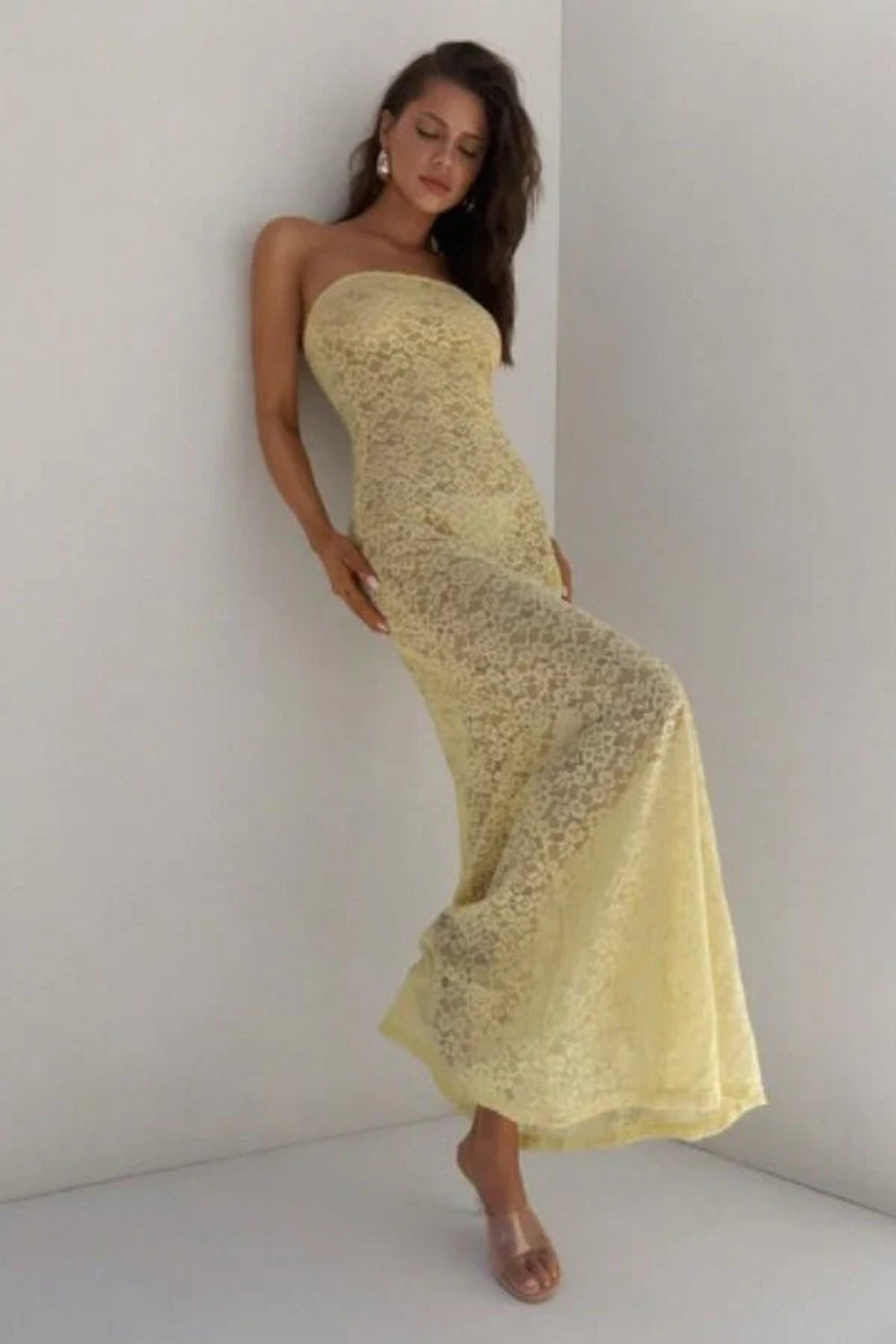 mariposa maxi dress Yellow Lace Strapless Maxi Dress | Formal Wedding Guest Gown Column  Silhouette 90s Style