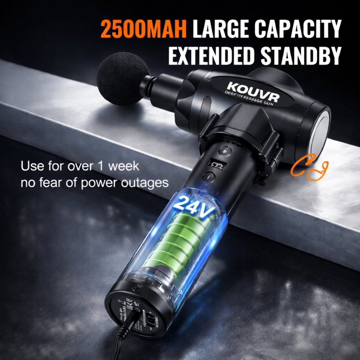 Kouvr muscle massager highlighting the internal 24V 2500mAh large capacity extended standby battery