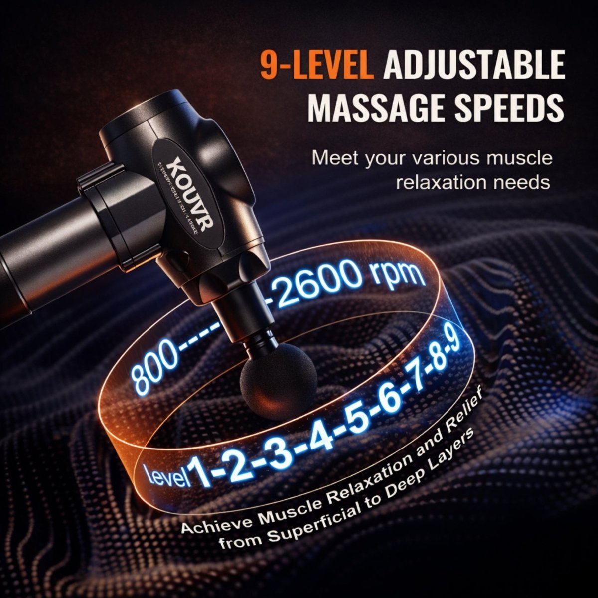 Kouvr back massager displaying 9 level adjustable speed interface ranging from 800 to 2600 rpm