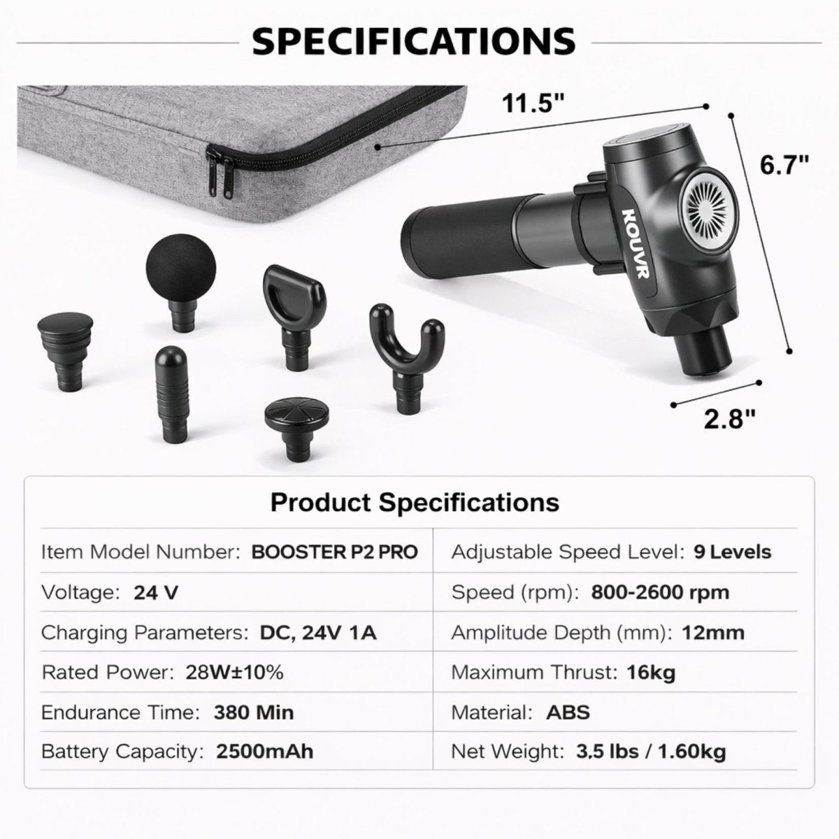 Kouvr Booster P2 Pro massage gun specifications chart with carrying case and 6 interchangeable massage heads