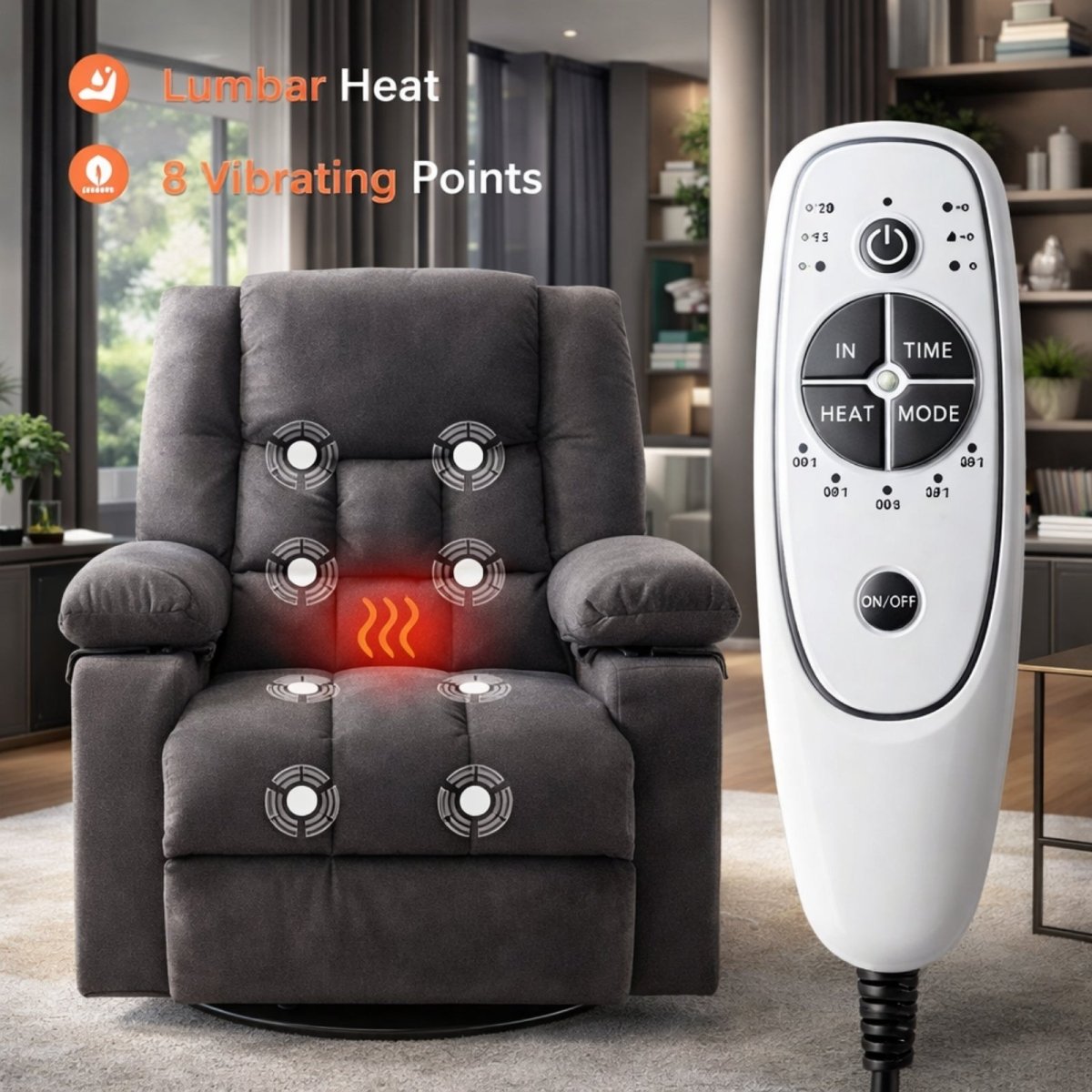 Close up of the easy-to-use remote control for the Kouvr chair, highlighting heat, time, and massage mode settings with vibrating points visual.