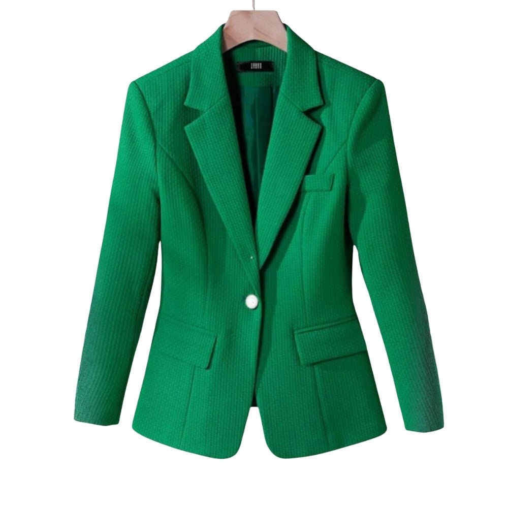 Model wearing the Kouvr Maureen Textured Weave Blazer in green,