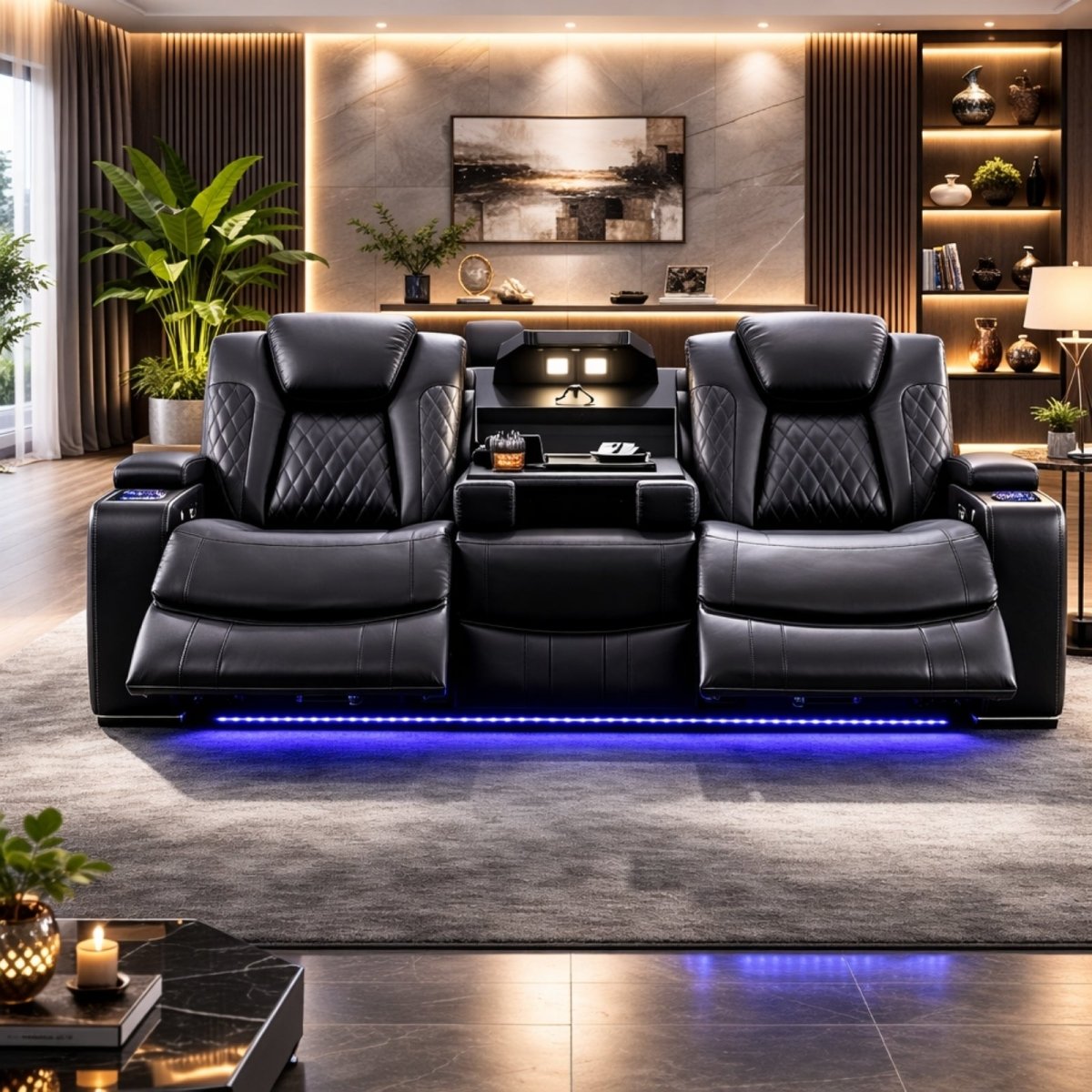 Luxury black leather home theater seating styled in a modern living room with ambient LED lighting and diamond stitching details.
