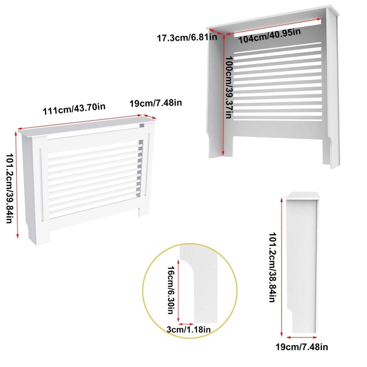 Technical diagram showing the external and internal dimensions in both inches and centimeters for the medium Kouvr modern radiator cover.