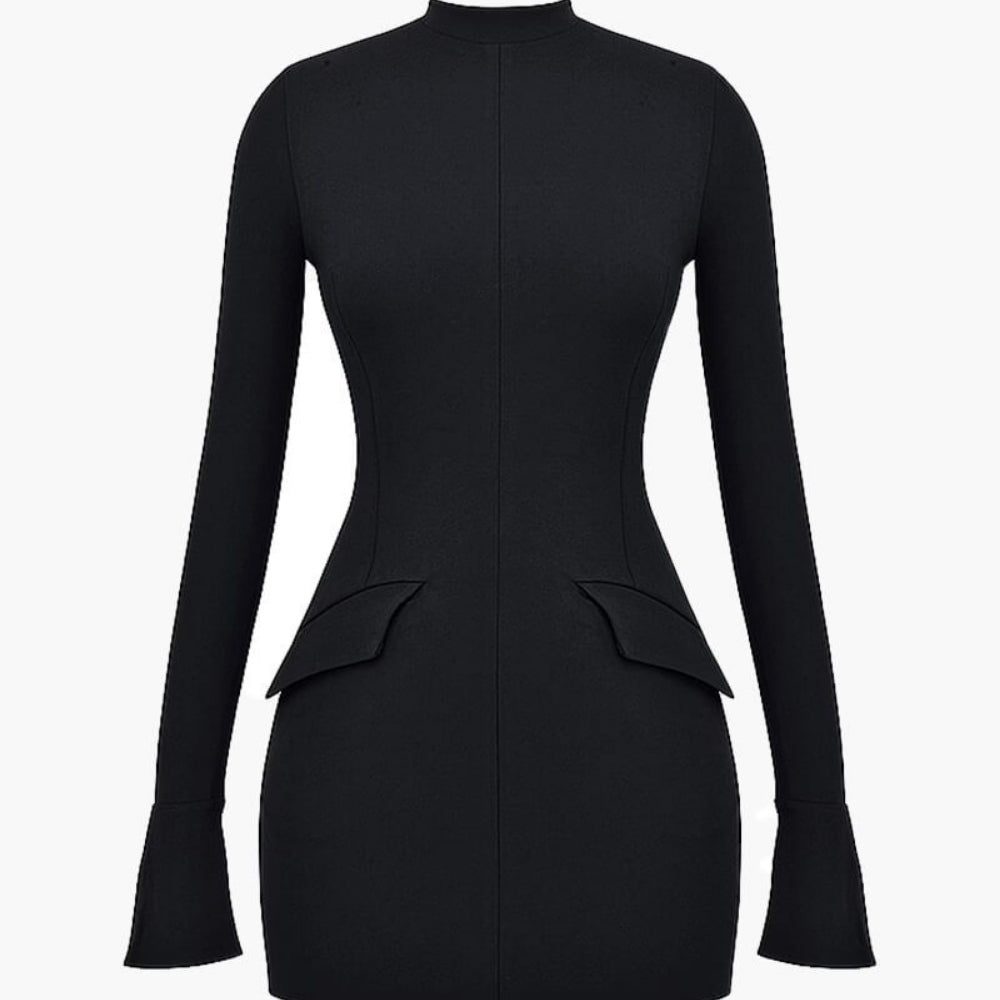 sculptural silhouette," "minimalist evening wear," "power dress," "flared cuff dress," and "mock neck bodycon dress