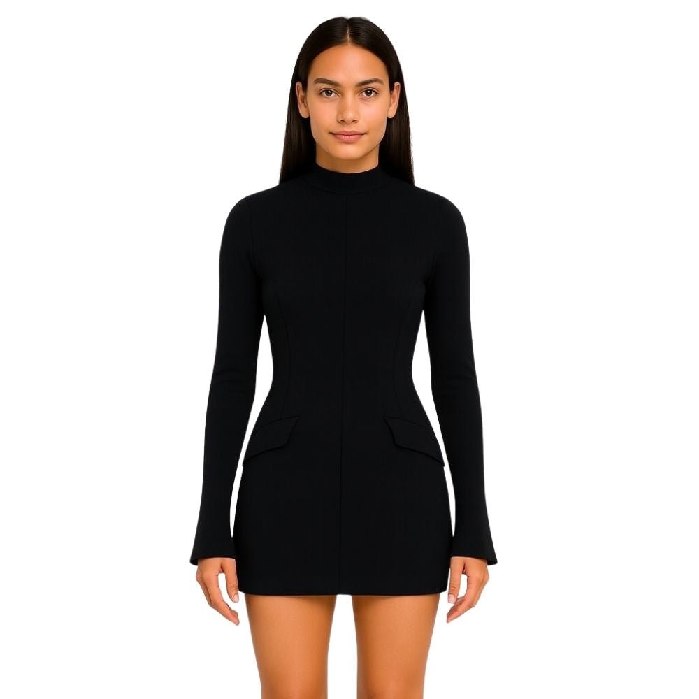 Black Mini Dress Long Sleeve High Neck | Sculptural Crepe Cocktail Dress for Evening & Formal Events | Kouvr Fashion Black Mini Dress Long Sleeve High Neck | Sculptural Crepe Cocktail Dress for Evening & Formal Events | Kouvr Fashion