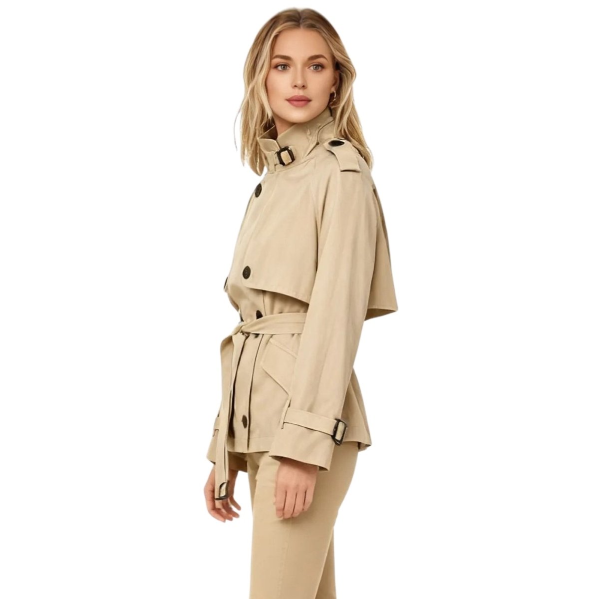 Woman wearing a beige Kouvr trench coat on a white background