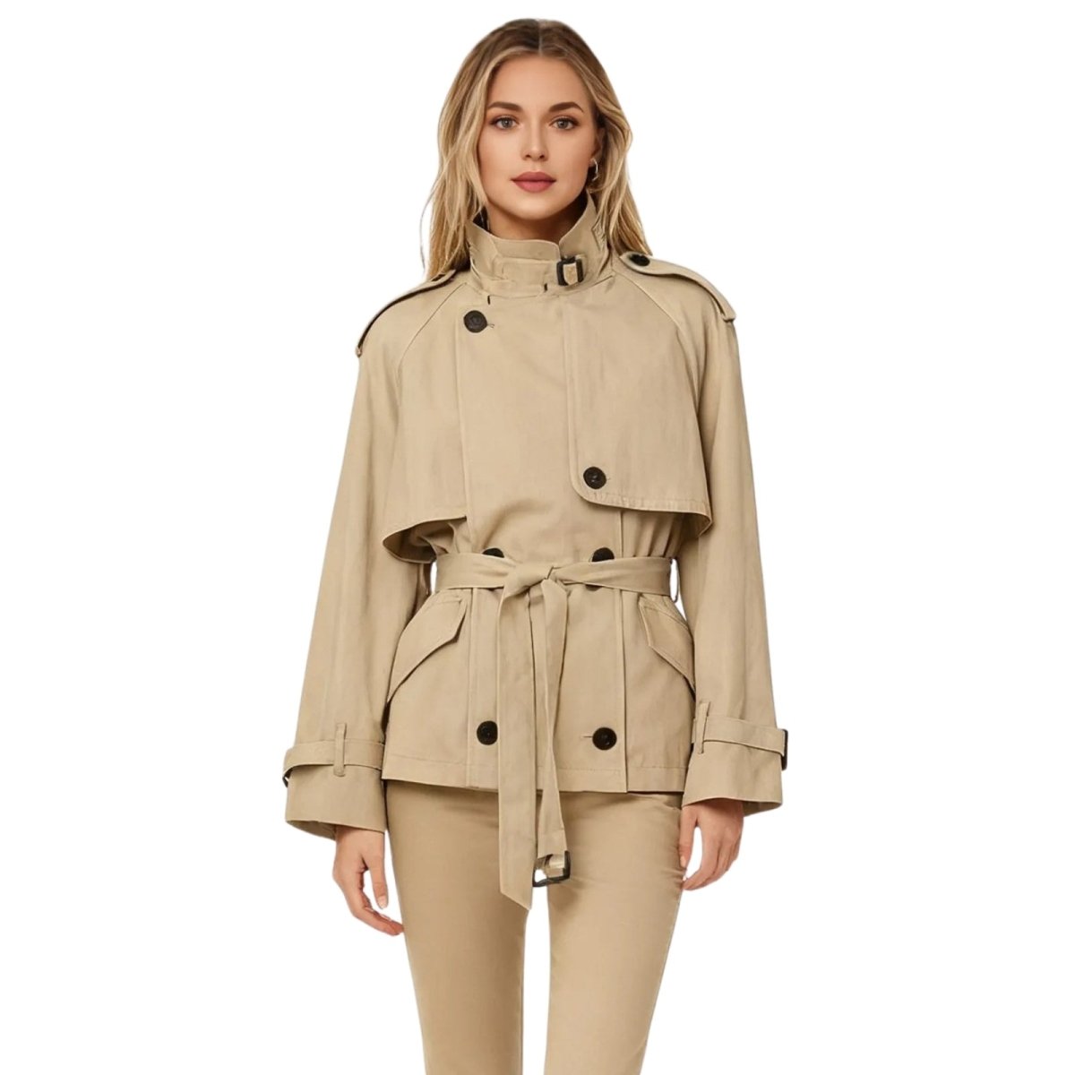 Woman wearing a beige Kouvr trench coat on a white background