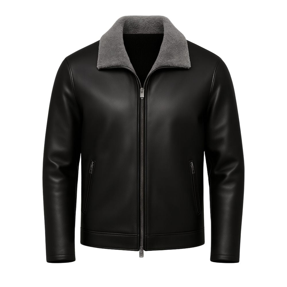 Model wearing the Kouvr Fashion black lambskin leather jacket with grey shearling collar