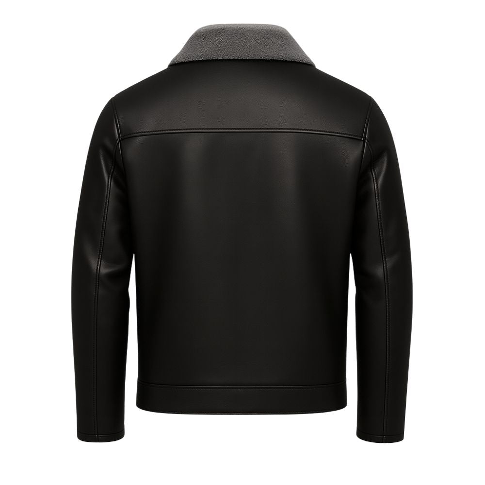 Model wearing the Kouvr Fashion black lambskin leather jacket with grey shearling collar