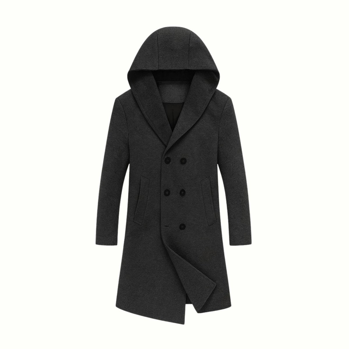 Close-up detail of the wide lapel and integrated hood on a men's black wool trench coat.