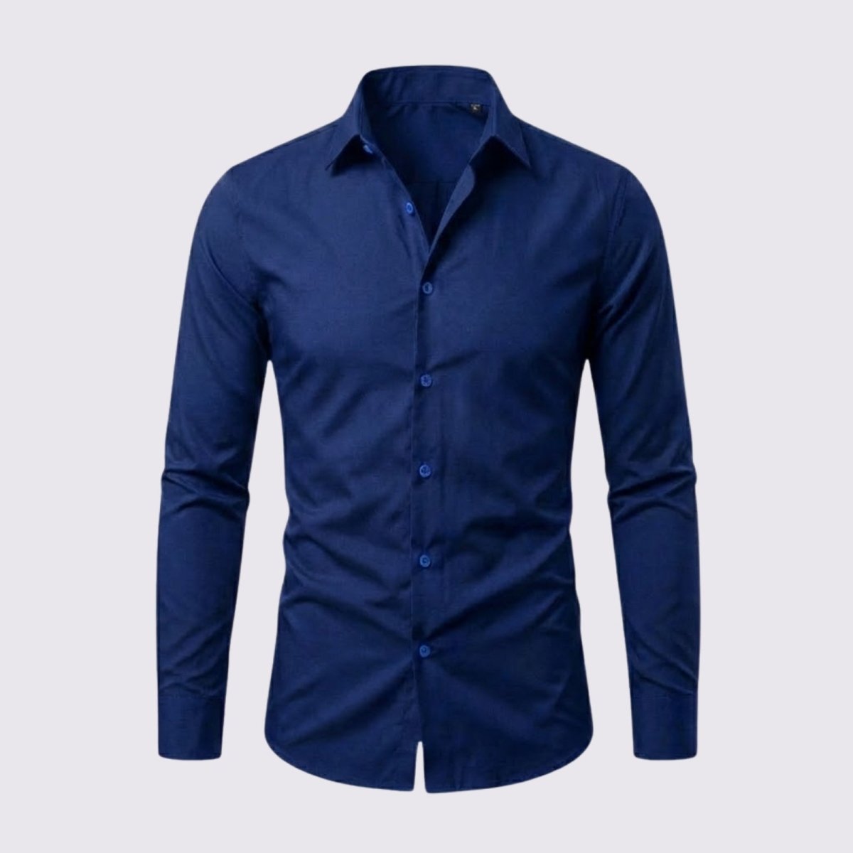 Product shot of the Kouvr men's blue dress shirt, showing the classic point collar and front placket.