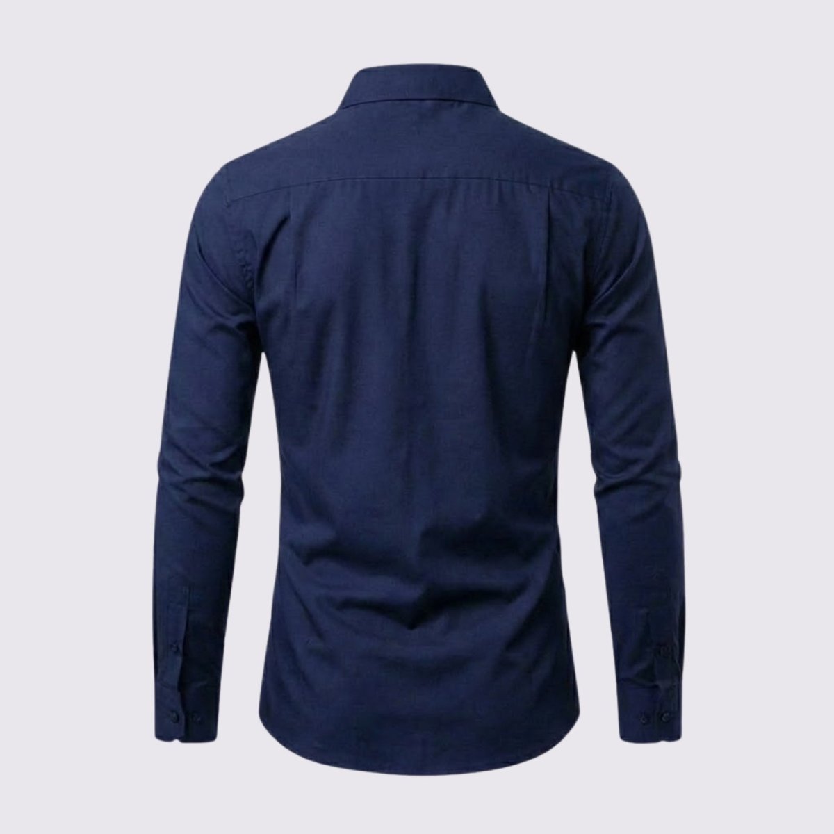 Flat lay of the back of the Kouvr blue slim fit shirt, detailing the construction and fabric texture.