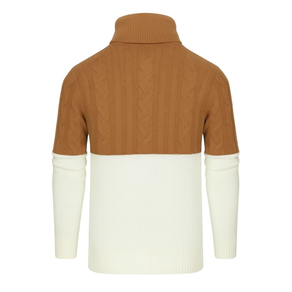 Brown and white kouvr sweater with cable knit pattern on a white background