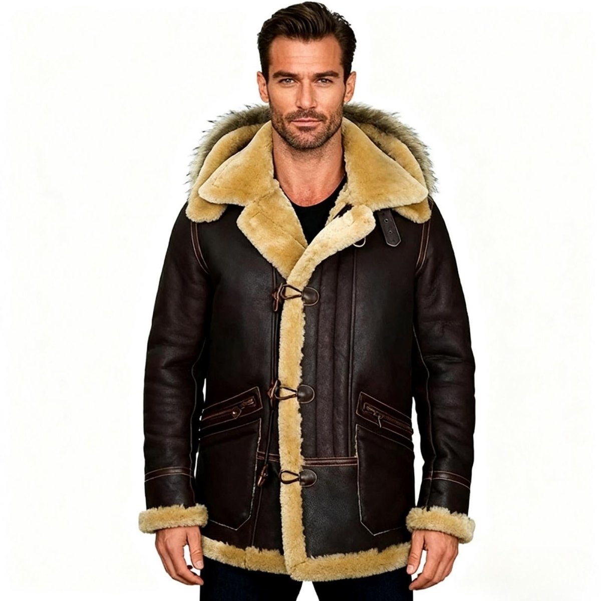 Dark Brown Shearling Sheepskin Jacket with Fur Hood | Genuine