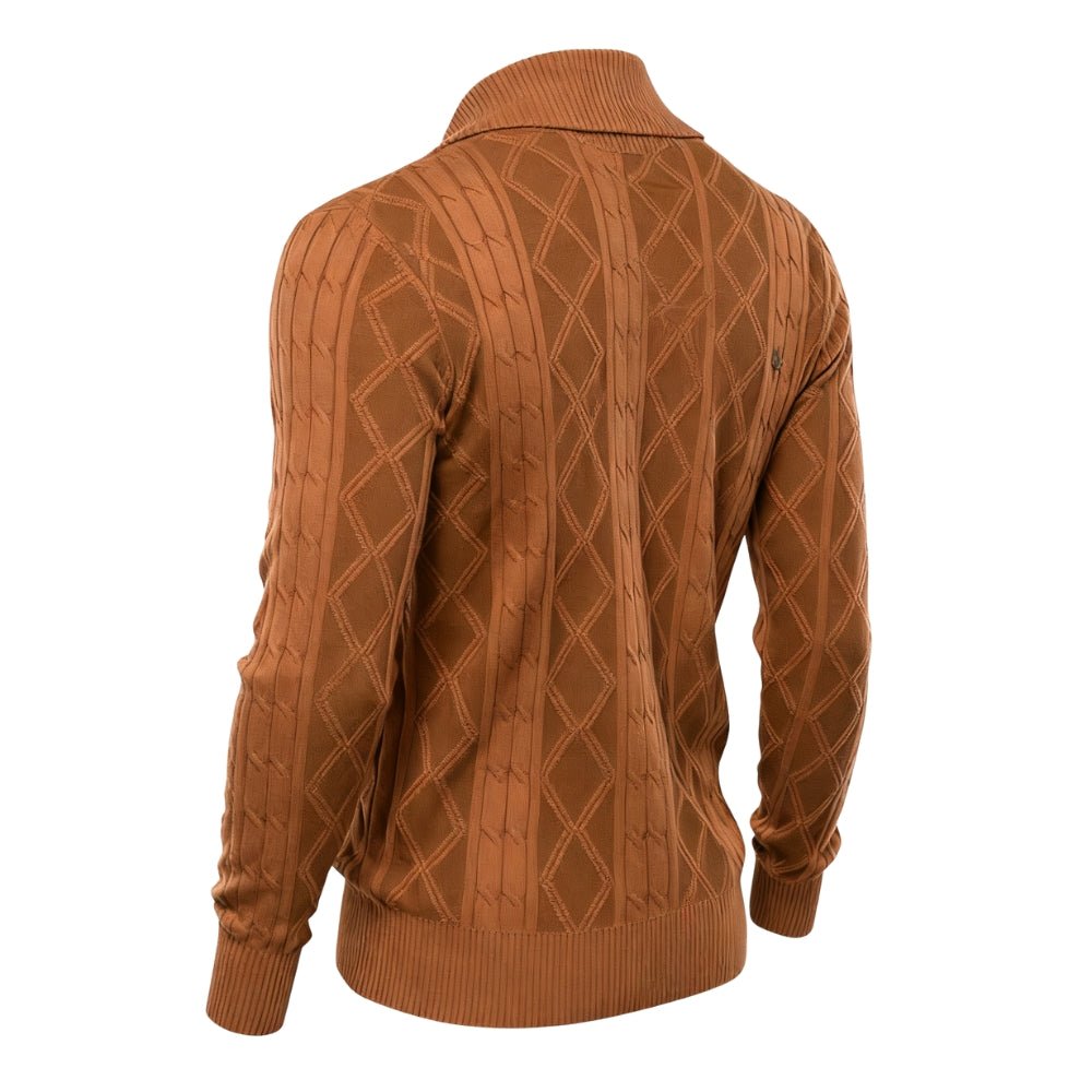 Brown kouvr sweater with a diamond pattern on a white background