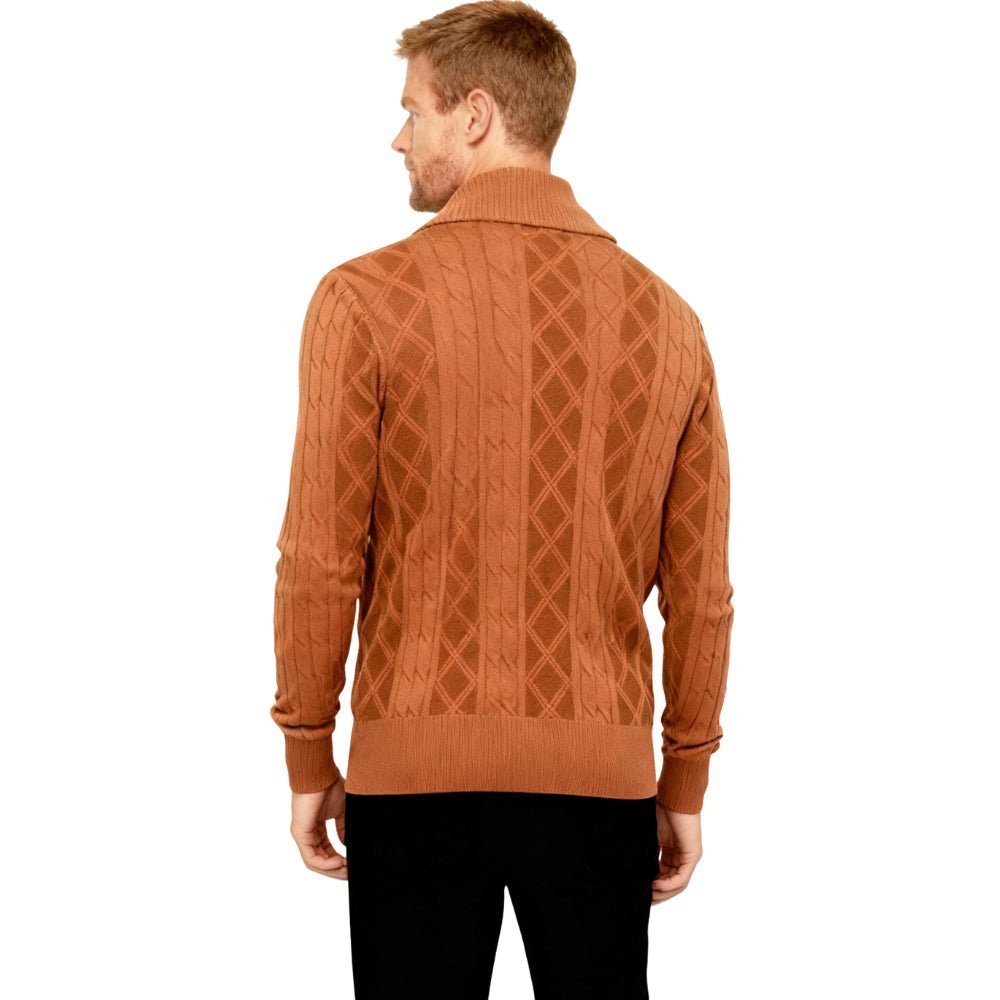 Man wearing a brown kouvr cable knit sweater on a white background