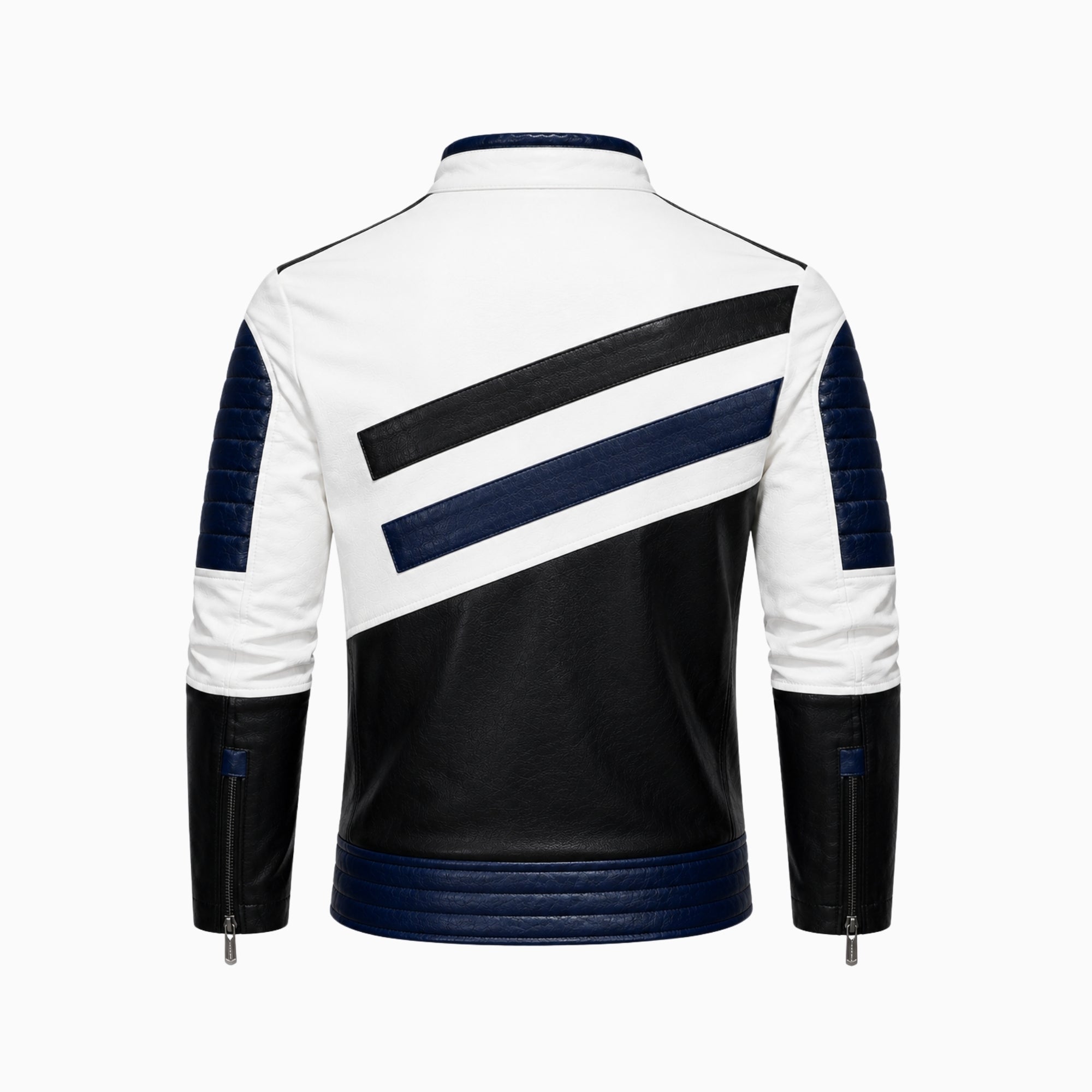 Back flat lay view of the Kouvr men's designer moto jacket showcasing the precision stitching on the diagonal blue and black color block stripes.