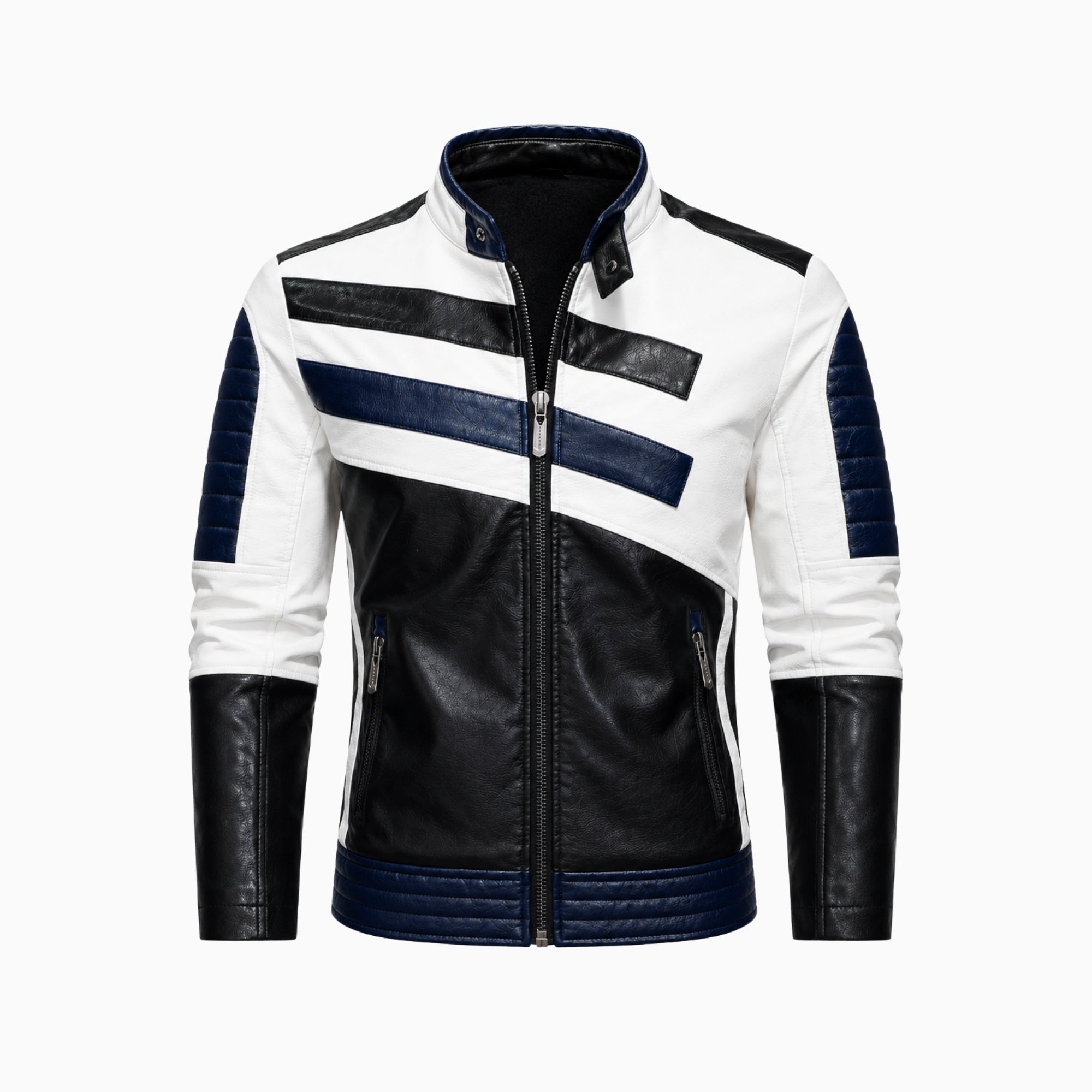 Flat lay product shot of the Kouvr men's cafe racer jacket in white, black, and blue, featuring a snap-tab band collar and zippered front pockets.