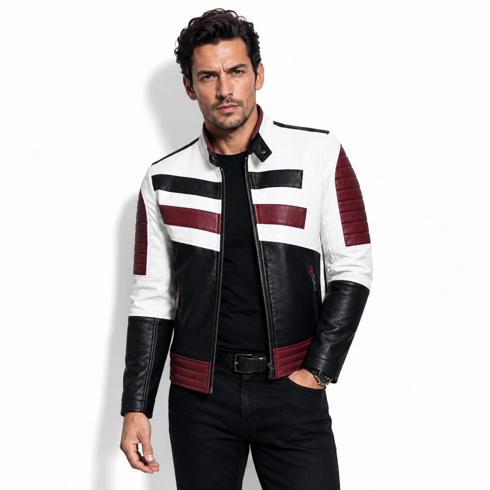 Male model looking confident in the Kouvr men's luxury white and black leather racing jacket featuring bold deep red stripes and a tailored slim fit.