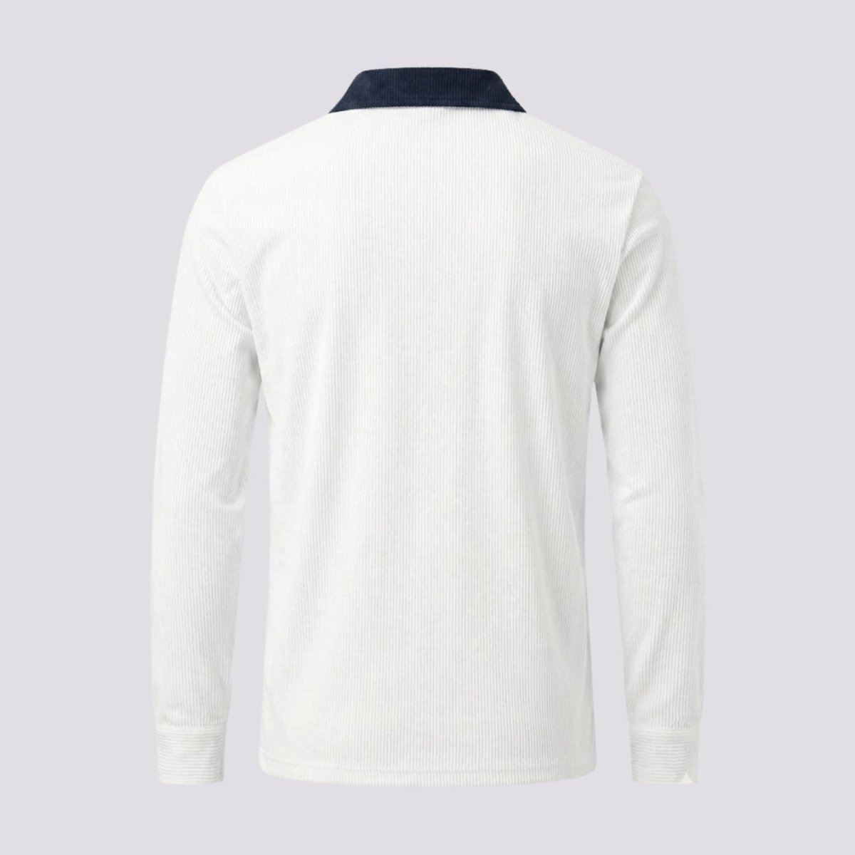 Flatlay studio shot of the back of the Kouvr men's white corduroy long sleeve polo shirt against a white background.
