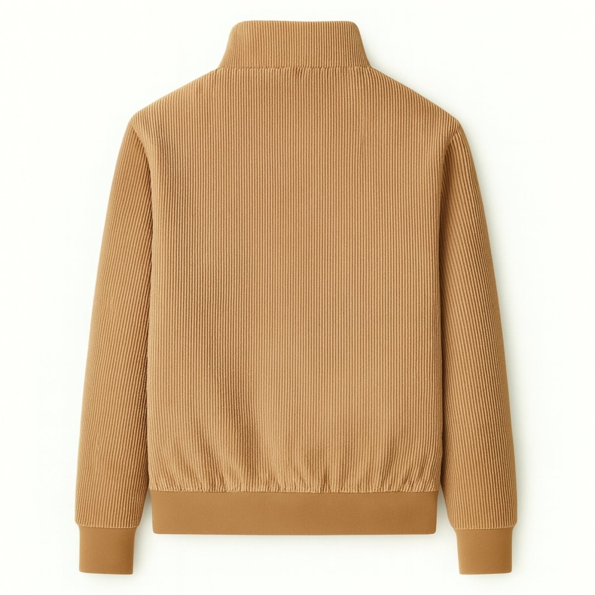 Flatlay of the back of the Kouvr beige corduroy bomber jacket, showing the texture of the wide-wale corduroy and the ribbed cuffs and hem.