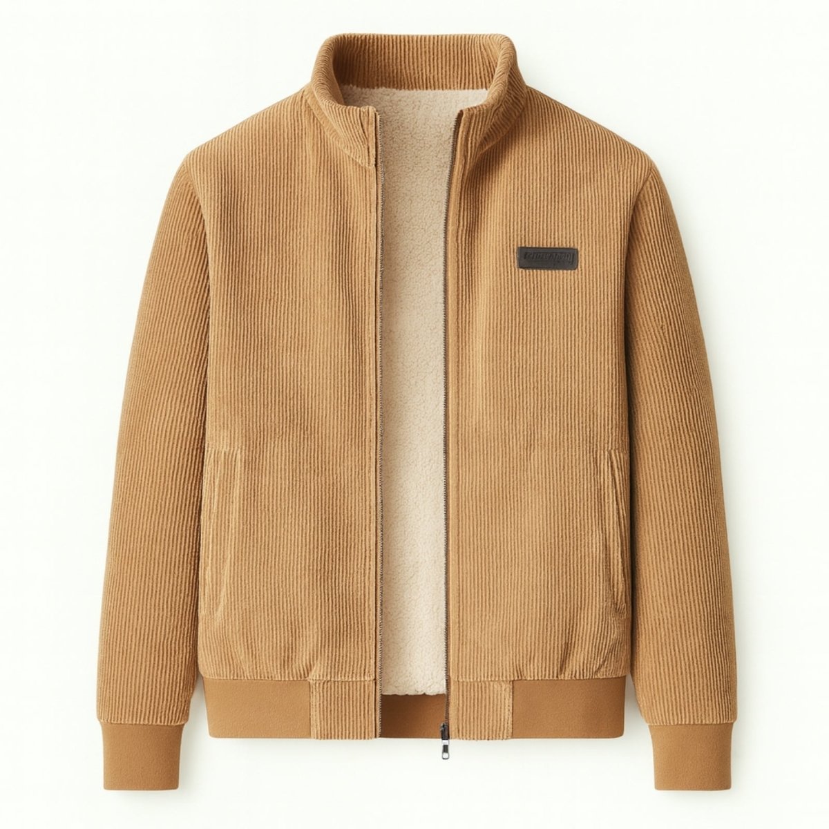 Flatlay product shot of the Kouvr beige corduroy jacket, open to show the full off-white sherpa fleece lining and black brand patch on the chest.