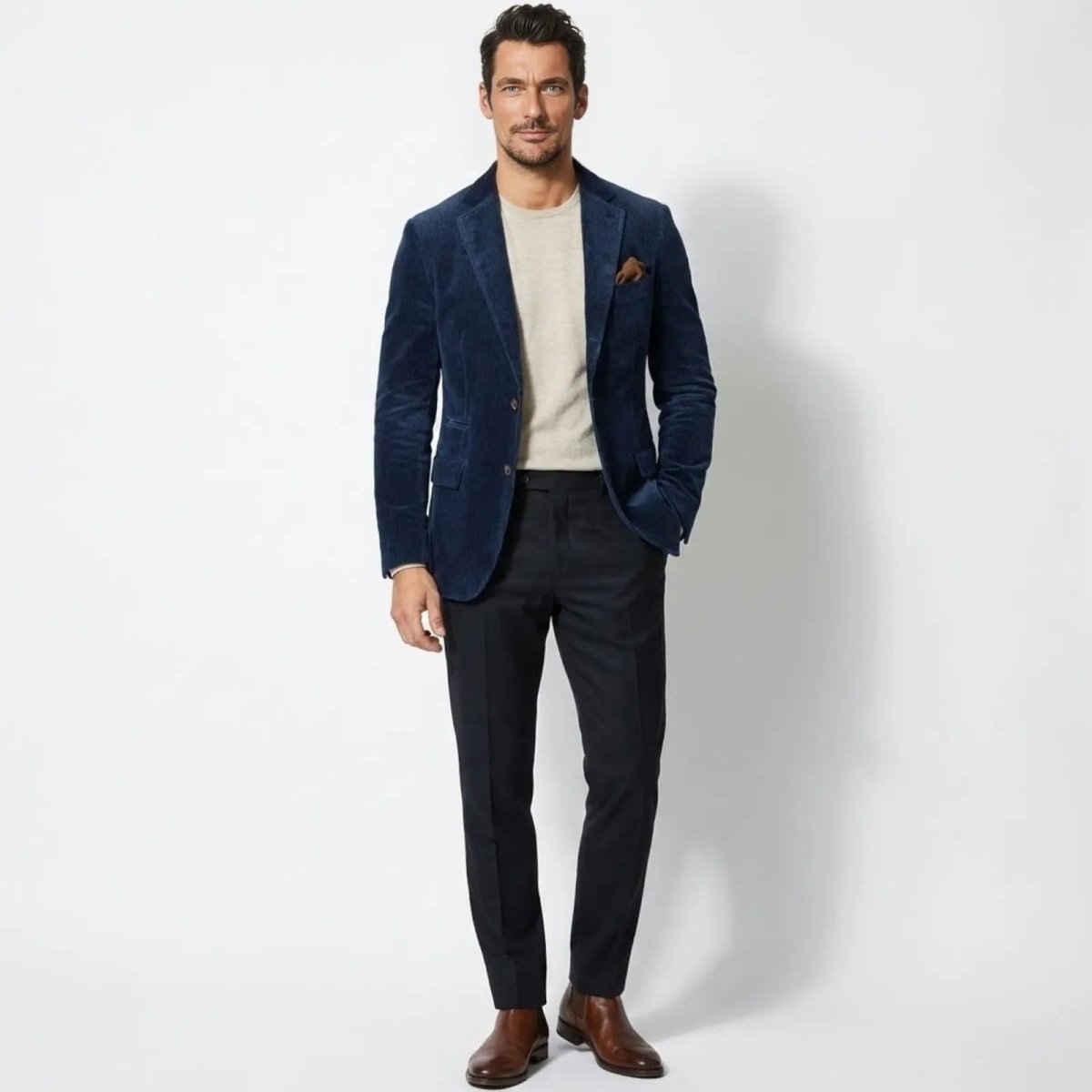 A man standing and modeling the Kouvr men's dark blue corduroy blazer, paired with a cream knit sweater and dark navy trousers.