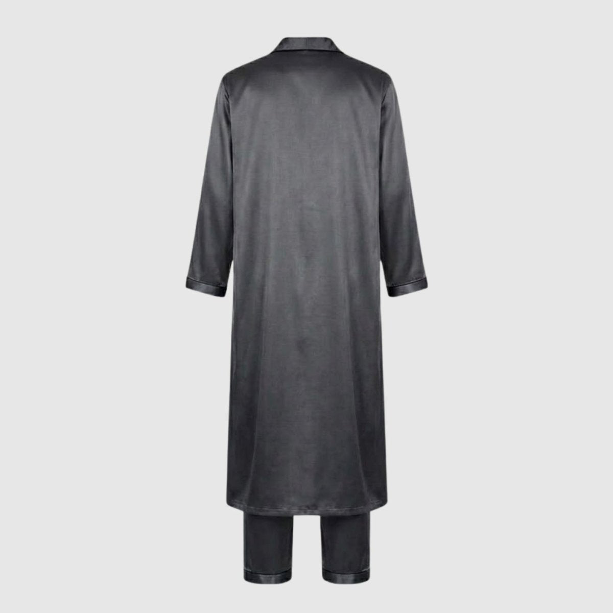 Back view flatlay of the Kouvr men's dark grey satin robe and pajama set, showing the clean lines and construction of the garments.