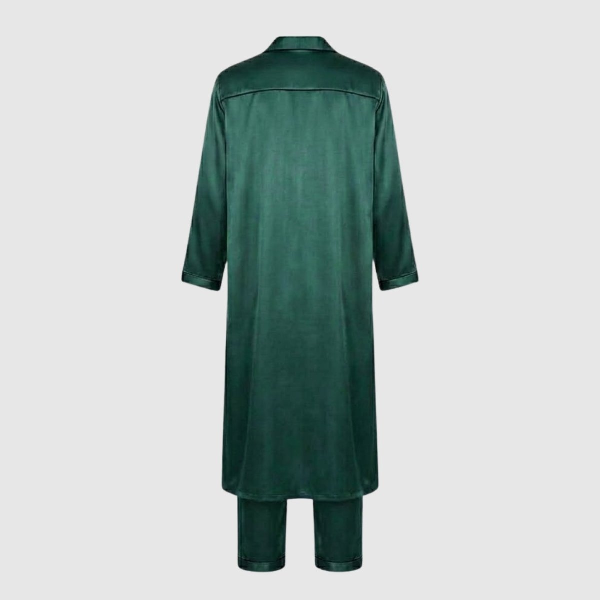 Back view flat lay of the Kouvr men's green satin robe and pajama set, showing the construction and yoke detail of the sleepwear.