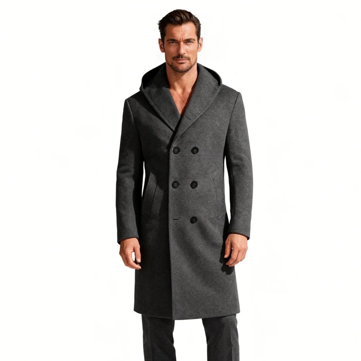 Men's Hooded Wool Overcoat Double Breasted Knee Length Winter Men's Hooded Wool Overcoat Double Breasted Knee Length Winter