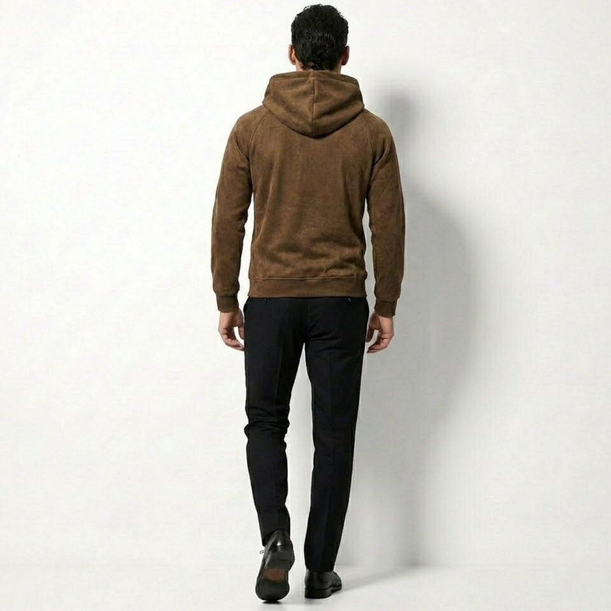 Back view of the Kouvr men's khaki pullover hoodie, showing the hood and tailored fit.