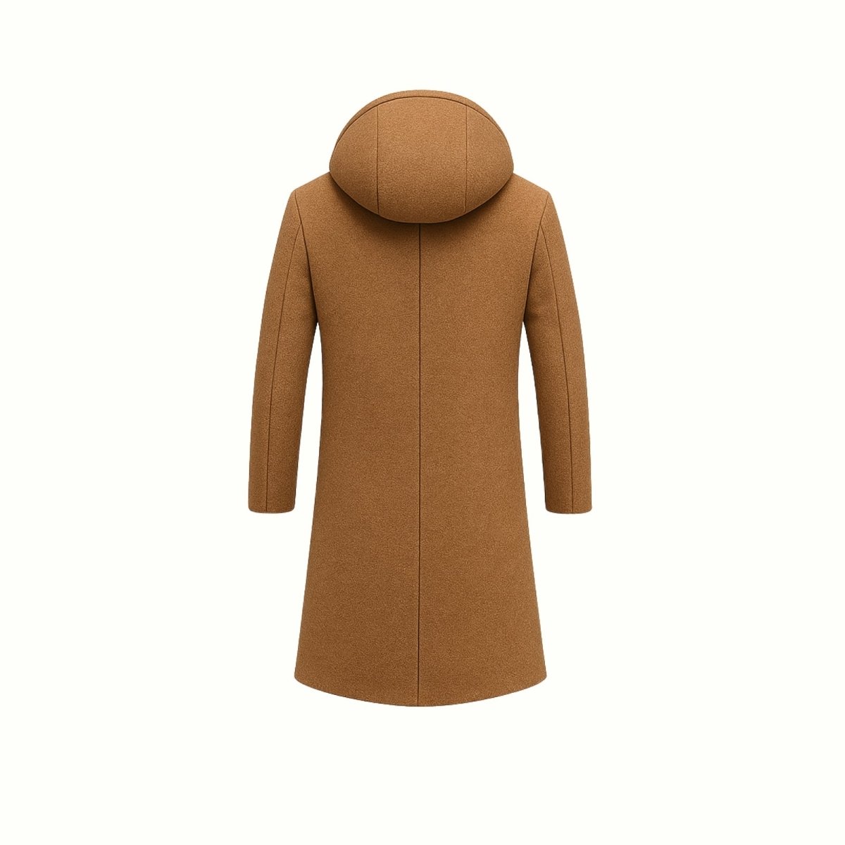 Product-only back view of the men's khaki wool hooded overcoat, displaying the garment's clean lines and structure.