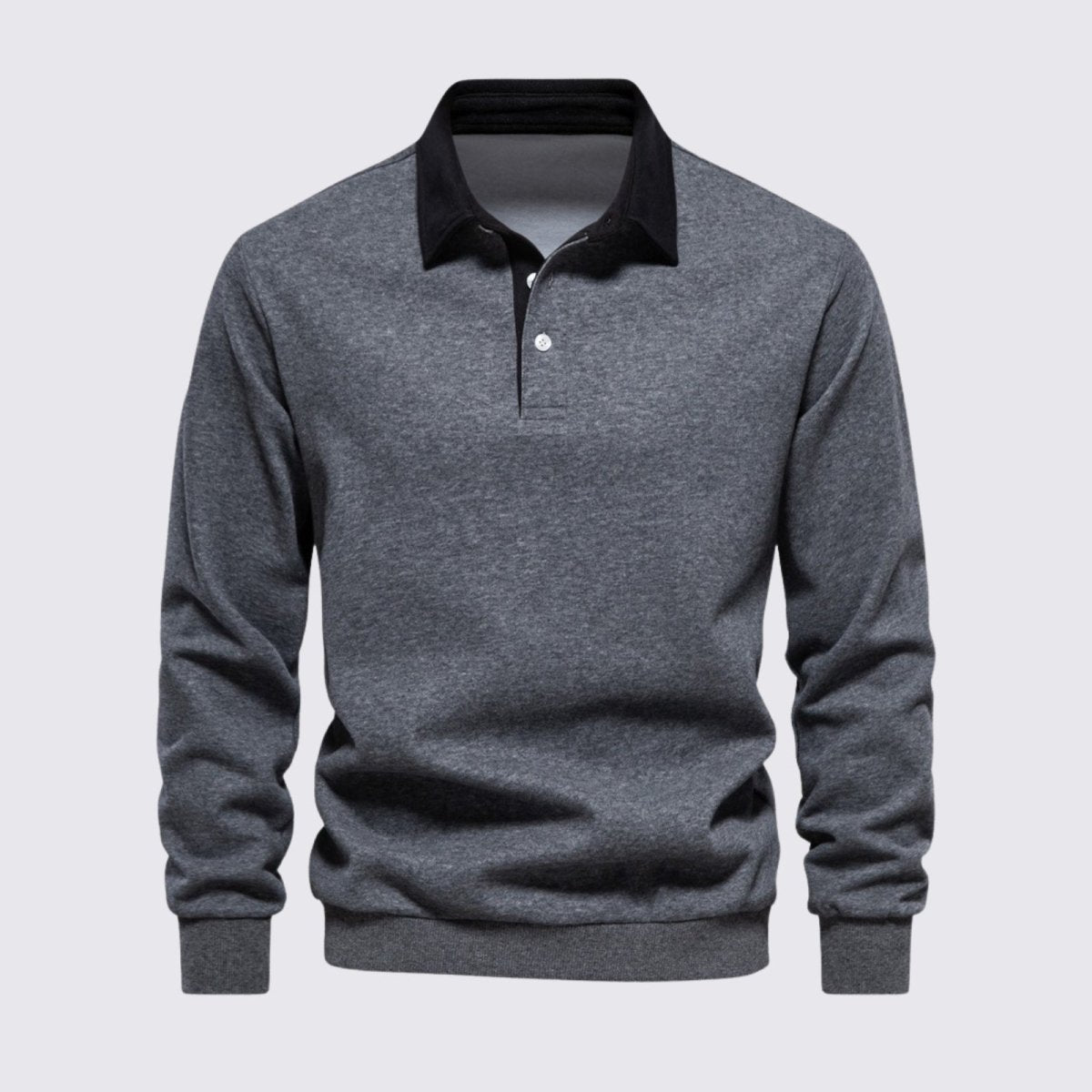 Front view of the Kouvr men's heather dark grey merino wool polo sweater demonstrating the clean drape and fit.