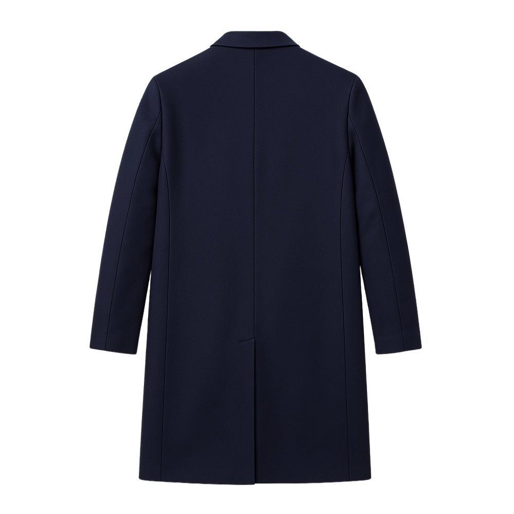 Navy blue Kouvr coat on a white background