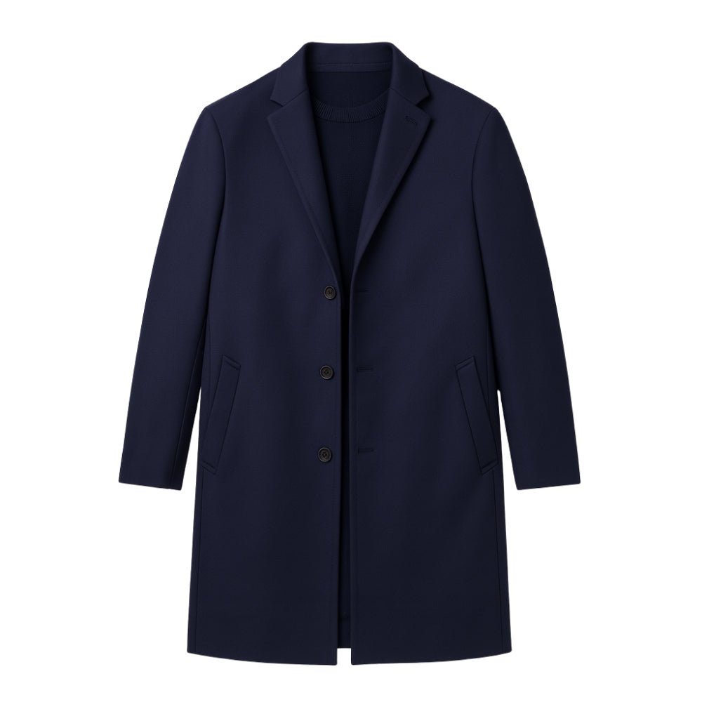 Navy blue Kouvr coat on a white background