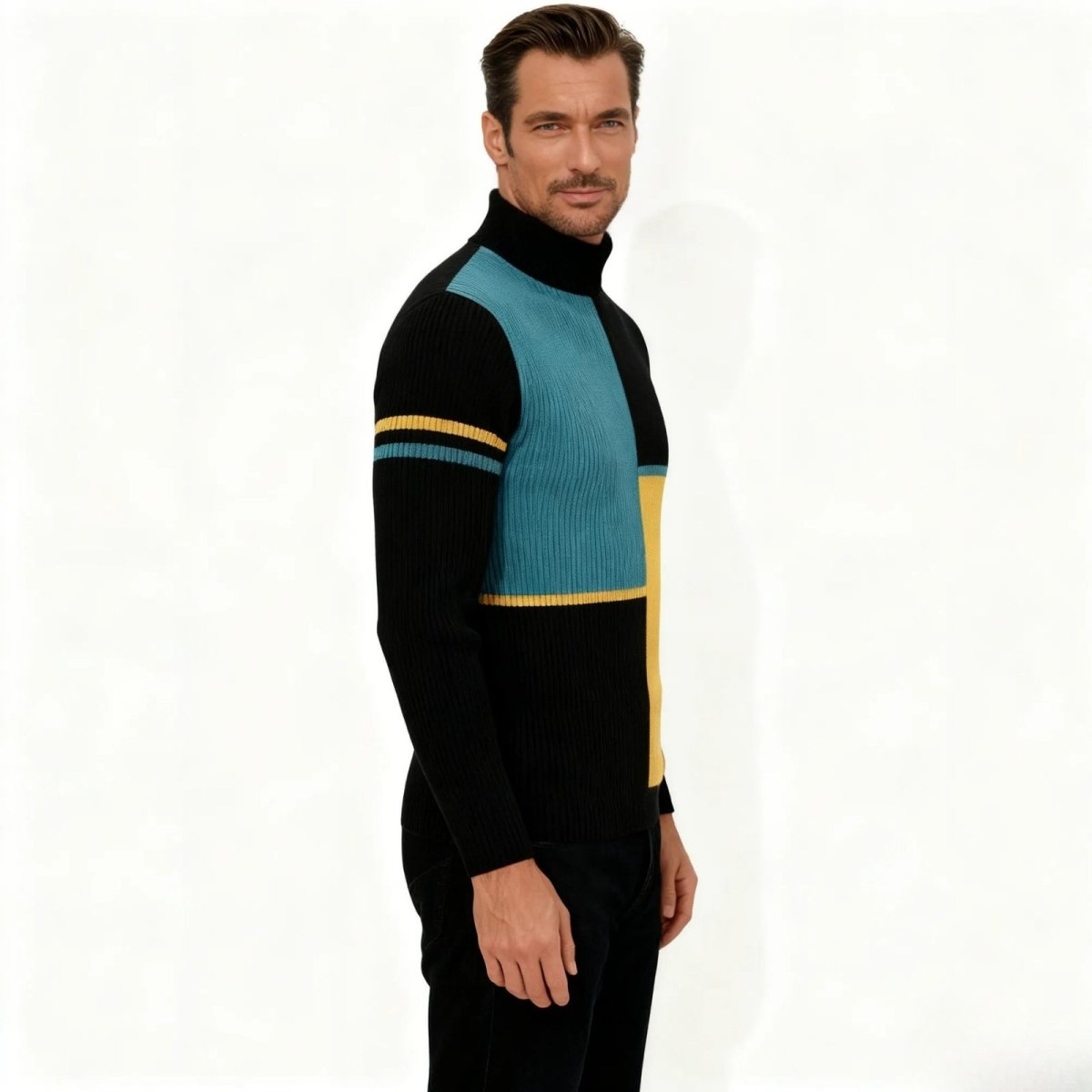 Side profile of a man in a Kouvr designer ribbed knit turtleneck showing the striped sleeve detail.