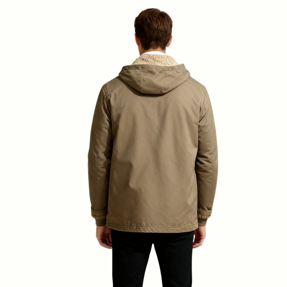 Back view of the Kouvr men's hooded utility jacket in khaki drab, showing the clean silhouette and detailed construction of the hood.