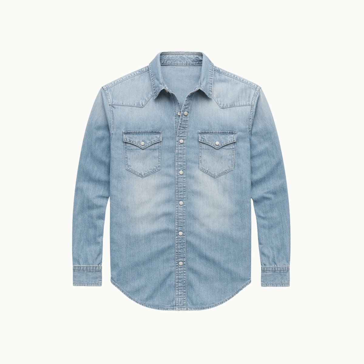 Light blue Kouvr denim shirt on a white background