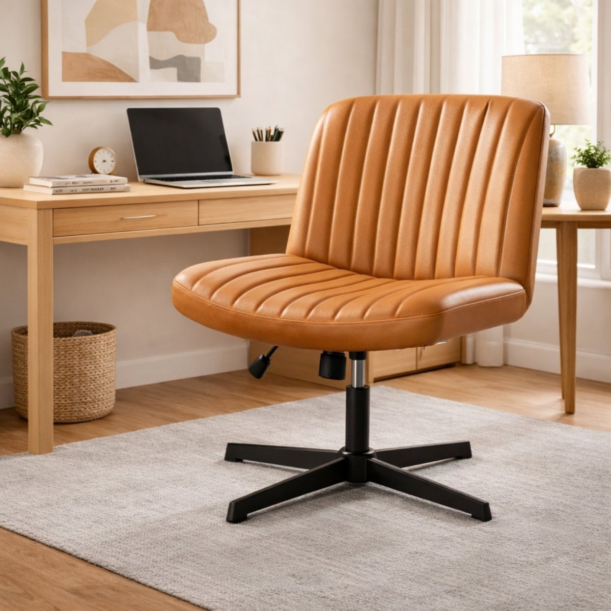 Brown leatherette ribbed office chair with adjustable height and tilt, styled in a warm minimal home office.