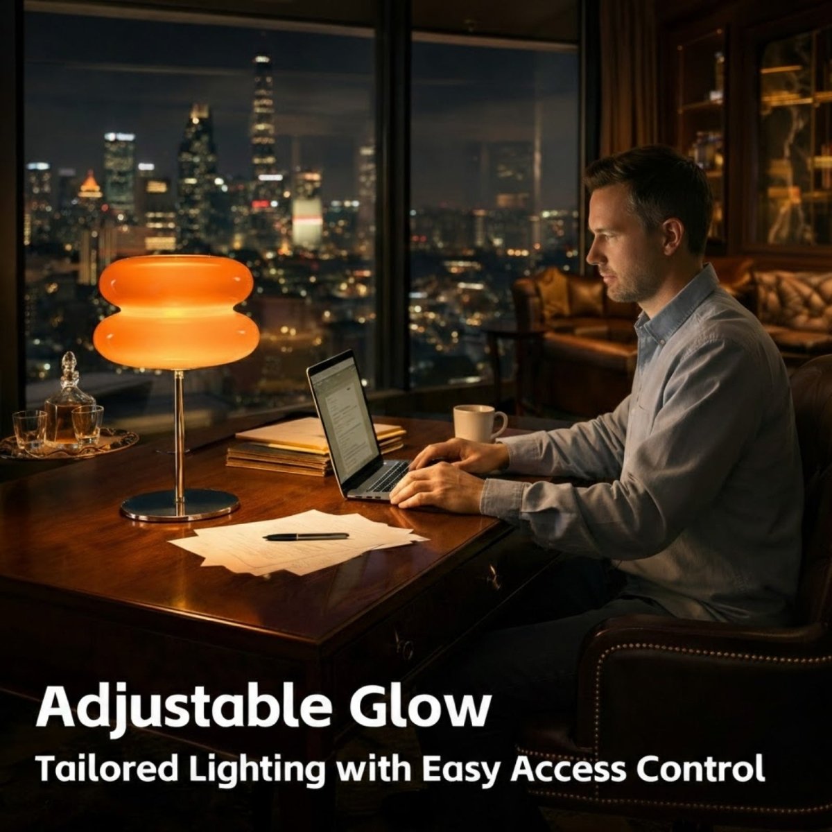 A man working on a laptop at a large desk in a high-rise office at night, illuminated by the warm, adjustable glow of the Kouvr orange mushroom lamp.