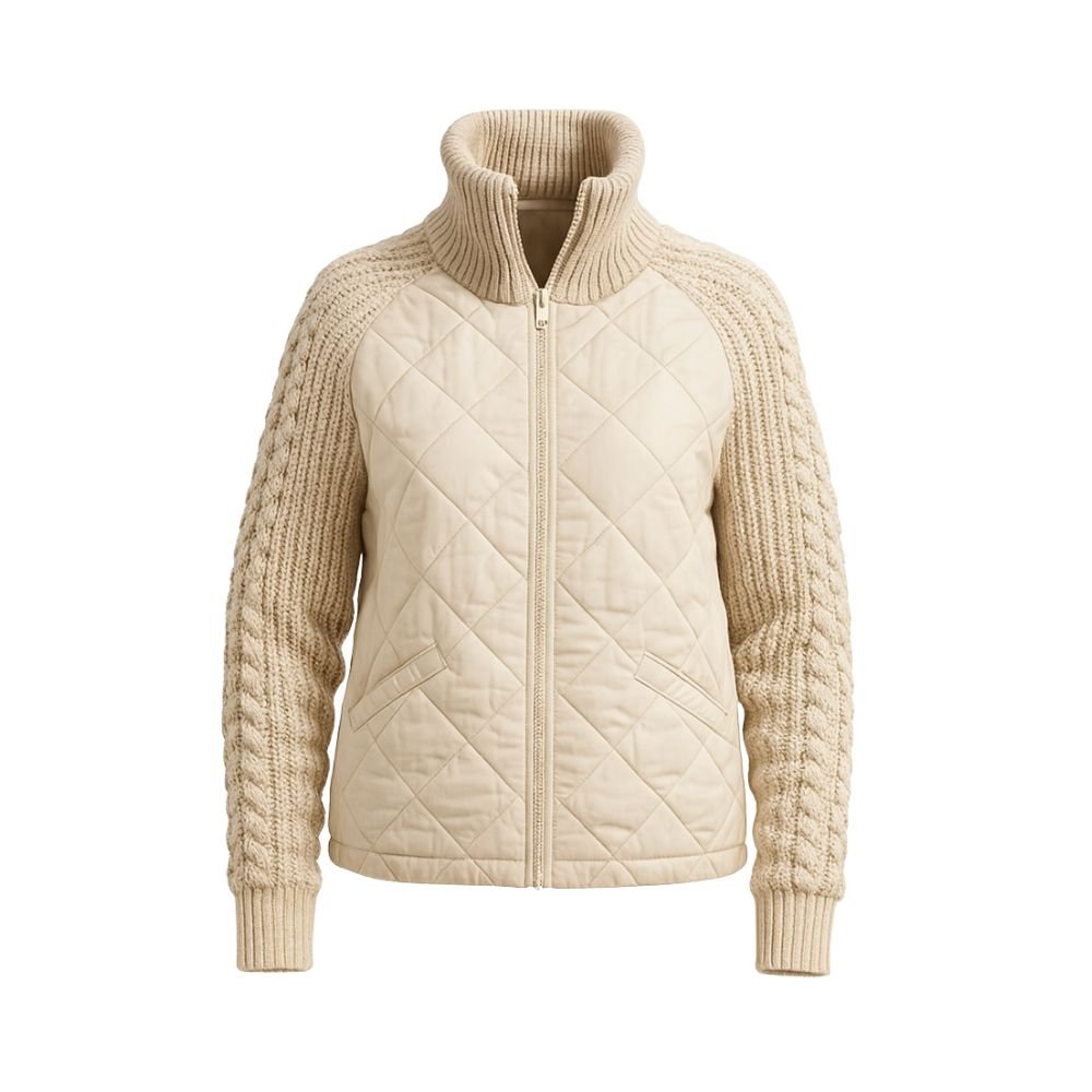Woman wearing the Kouvr Mika khaki quilted jacket with cable knit sleeves, styled with jeans