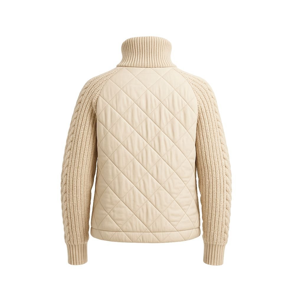 Model wearing the Kouvr Arlington Quilted Hybrid Jacket with blue jeans