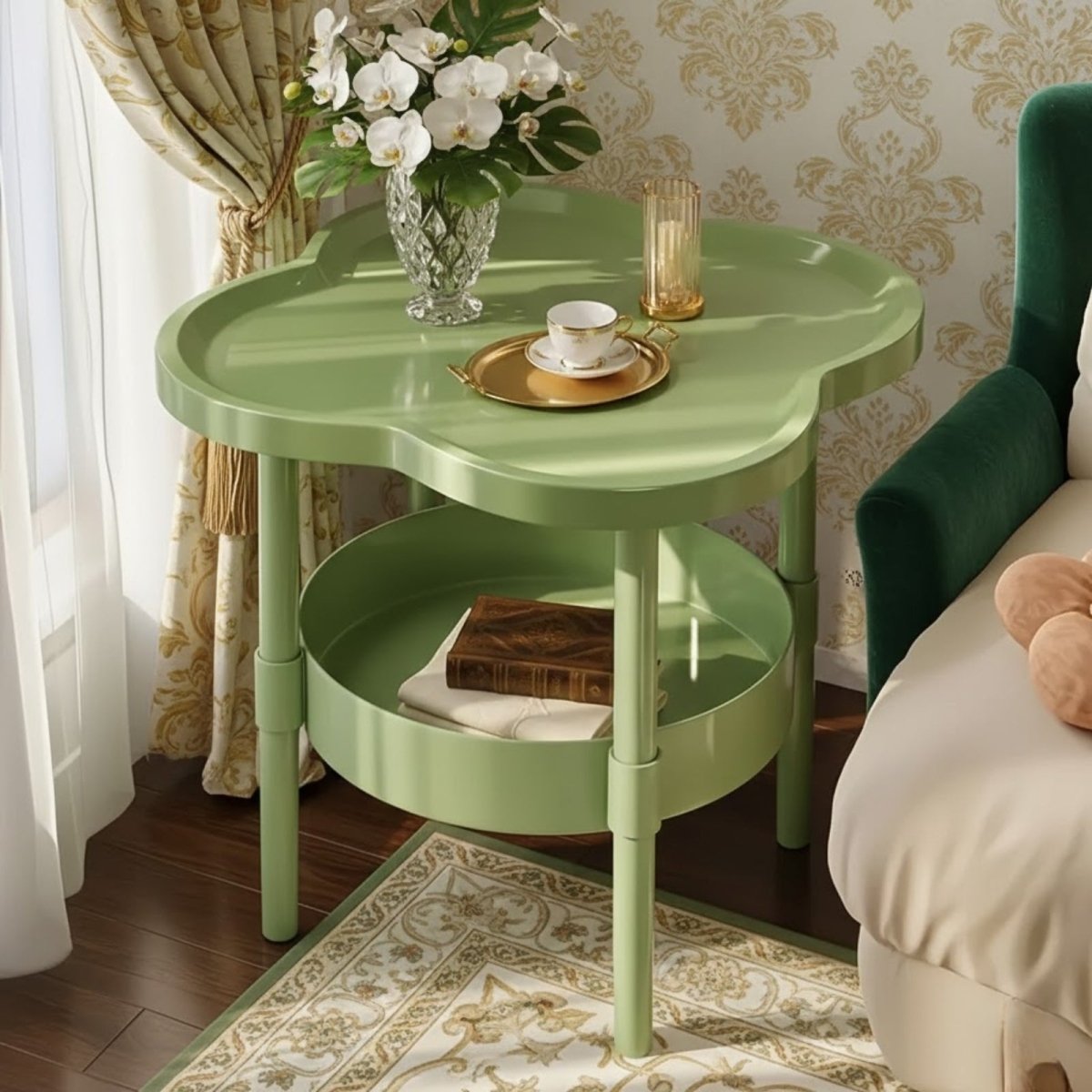 A white two-tier Kouvr accent table used as a minimalist bedside nightstand, displaying its clean lines and functional storage shelf with a book.