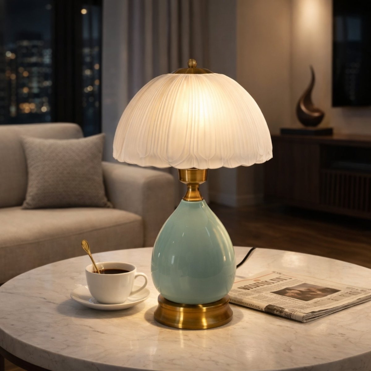 Illuminated mint green ceramic table lamp with crackle glaze and pleated glass shade on a marble coffee table.